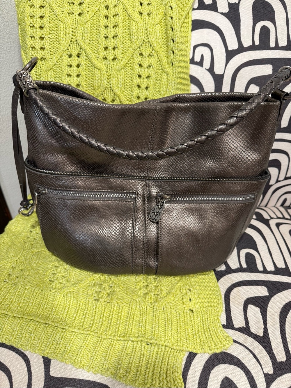 Brighton Collection Large Slouchy Hobo Textured Leather Shoulder Bag Pewter